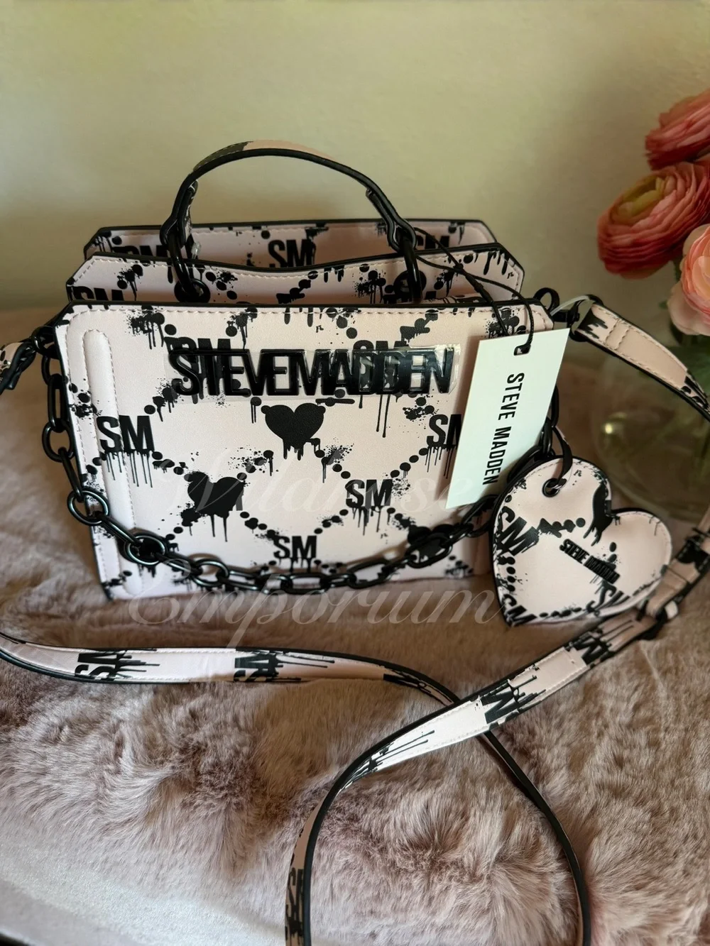 NWT - Rare Steve Madden Bevelyn Blood Drip Heart Print Satchel pink black goth